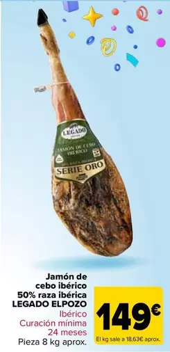 Oferta de Legado ElPozo - Jamón De Cebo Ibérico 50% Raza Ibérica por 149€ en Carrefour