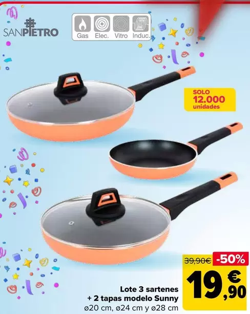 Oferta de San Pietro - Lote 3 Sartenes + 2 Tapas Modelo Sunny por 19,9€ en Carrefour