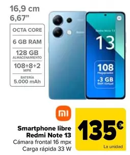 Oferta de Xiaomi - Smartphone Libre Redmi Note 13 por 135€ en Carrefour