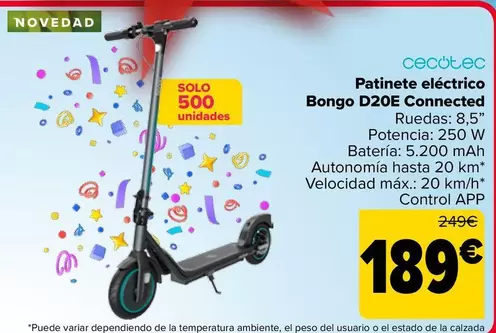 Oferta de Cecotec - Patinete Eléctrico  Bongo D20e Connected por 189€ en Carrefour