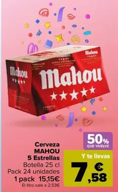 Oferta de Mahou - Cerveza 5 Estrellas por 15,15€ en Carrefour