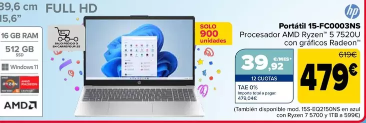 Oferta de HP - Portátil 15-FC0003NS por 479€ en Carrefour