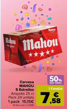 Oferta de Mahou - Cerveza 5 Estrellas por 15,15€ en Carrefour