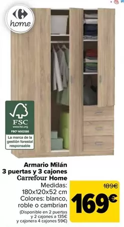 Oferta de Carrefour Home - Armario Milán 3 Puertas Y 3 Cajones por 169€ en Carrefour