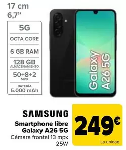 Oferta de Samsung - Smartphone Libre Galaxy A26 5g por 249€ en Carrefour