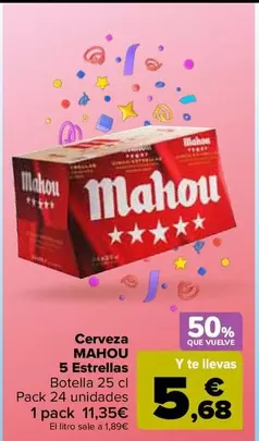 Oferta de Mahou - Cerveza 5 Estrellas por 11,35€ en Carrefour