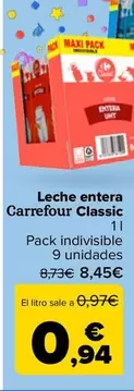Oferta de Carrefour - Leche Entera Classic por 8,45€ en Carrefour