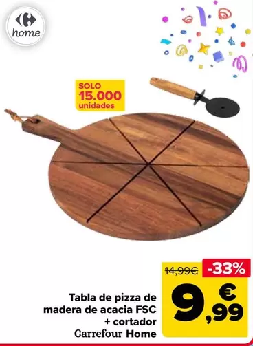Oferta de Carrefour Home - Tabla De Pizza De Madera De Acacia Fsc + Cortador por 9,99€ en Carrefour