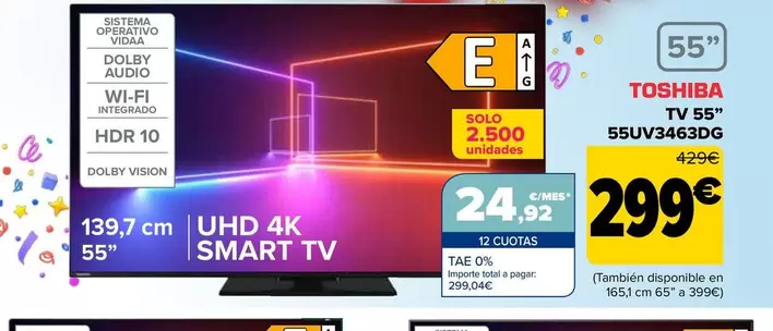 Oferta de Toshiba - Tv 55" 55UV3463DG por 299€ en Carrefour
