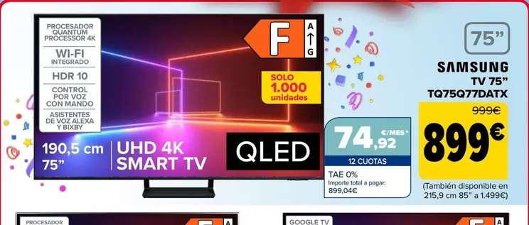 Oferta de Samsung - Tv 75" TQ75Q77DATX por 899€ en Carrefour