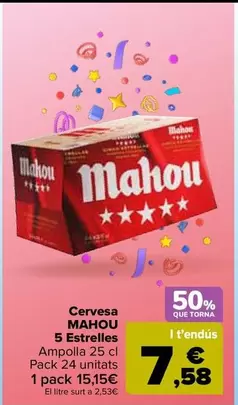 Oferta de Mahou - Cerveza 5 Estrellas por 15,15€ en Carrefour