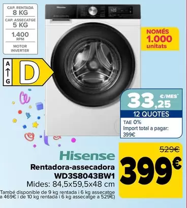 Oferta de Hisense - Lavadora Secadora WD3S8043BW1 por 399€ en Carrefour