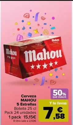 Oferta de Mahou - Cerveza 5 Estrellas por 15,15€ en Carrefour