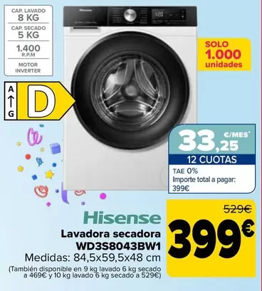 Oferta de Hisense - Lavadora Secadora WD3S8043BW1 por 399€ en Carrefour