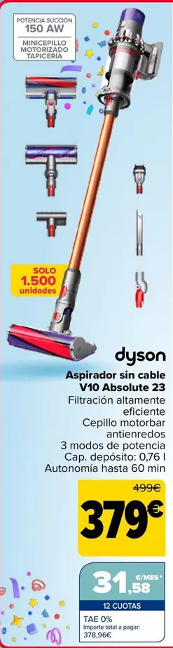 Oferta de Dyson - Aspirador Sin Cable V10 Absolute 23 por 379€ en Carrefour