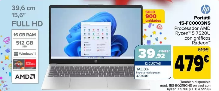 Oferta de HP - Portátil 15-fc0003ns por 479€ en Carrefour