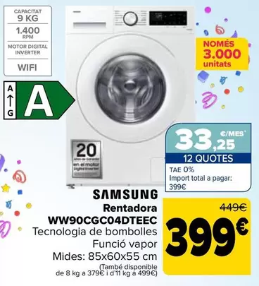 Oferta de Samsung - Lavadora WW90CGC04DTEEC por 399€ en Carrefour