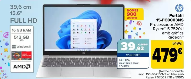 Oferta de HP - Portátil 15-fc0003ns por 479€ en Carrefour