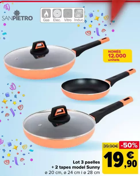 Oferta de San Pietro - Lote 3 Sartenes + 2 Tapas Modelo Sunny por 19,9€ en Carrefour