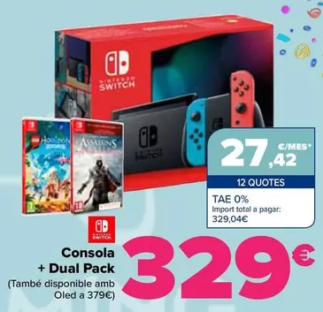 Oferta de Nintendo SWITCH  - Consola  + Dual Pack por 329€ en Carrefour