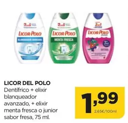 Oferta de Licor Del Polo - Dentífrico + Elixir Blanqueador Avanzado/ + Elixir Menta Fresca O Junior Sabor Fresa por 1,99€ en Alimerka