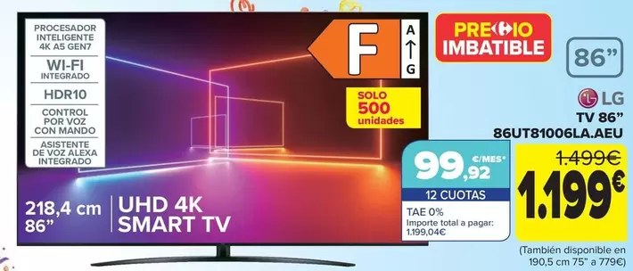 Oferta de Lg - Tv 86" 86ut81006laaeu" por 1199€ en Carrefour