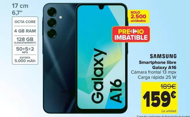 Oferta de Samsung - Smartphone Libre Galaxy A16 por 159€ en Carrefour