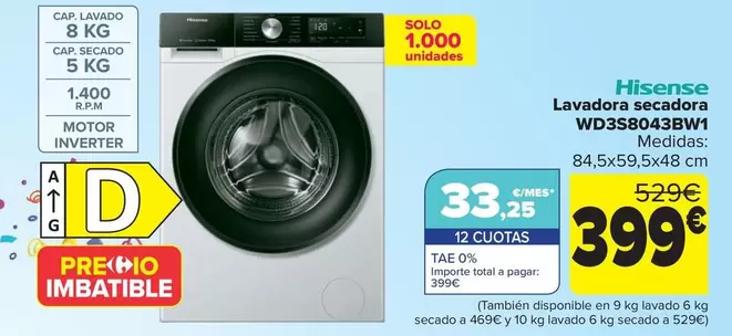Oferta de Hisense - Lavadora Secadora Wd3s8043bw1 por 399€ en Carrefour