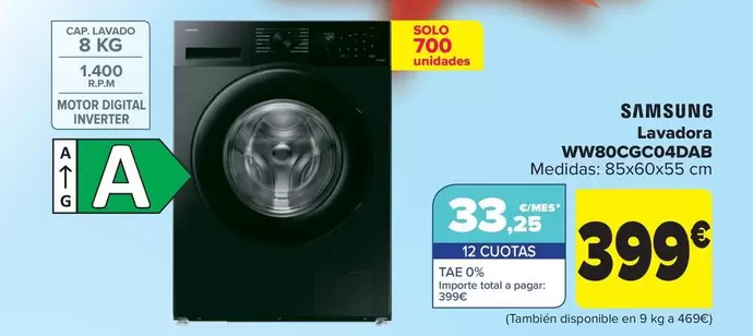 Oferta de Samsung - Lavadora WW80CGC04DAB por 399€ en Carrefour