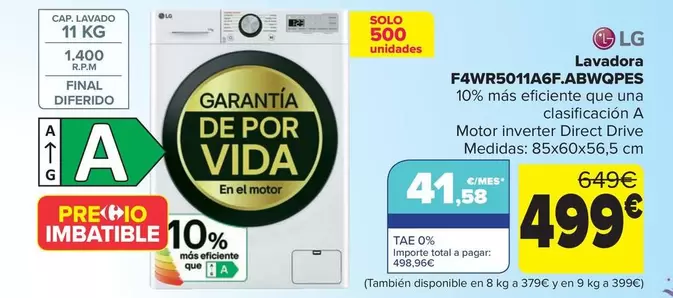 Oferta de LG - Lavadora  F4WR5011A6F.ABWQPES por 499€ en Carrefour