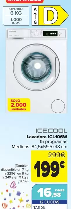 Oferta de Icecool - Lavadora Icl106w por 199€ en Carrefour