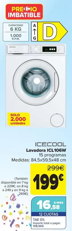 Oferta de Icecool - Lavadora Icl106w por 199€ en Carrefour