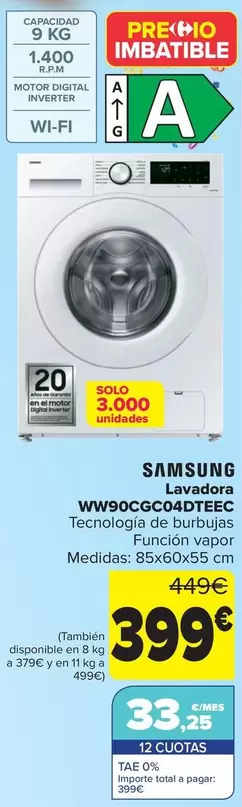 Oferta de Samsung - Lavadora  WW90CGC04DTEEC por 399€ en Carrefour