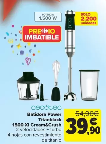 Oferta de Cecotec - Batidora Power Titanblack  1500 Xl Cream&crush por 39,9€ en Carrefour