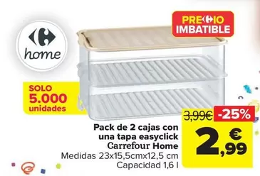 Oferta de Carrefour Home - Pack De 2 Cajas Con Una Tapa Easyclick  por 2,99€ en Carrefour