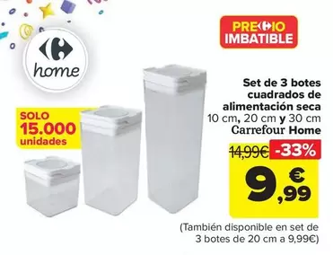 Oferta de Carrefour Home - Set De 3 Botes Cuadrados De Alimentación Seca 10 Cm 20 Cm Y 30 Cm   por 9,99€ en Carrefour