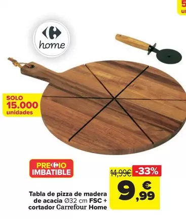 Oferta de Carrefour Home - Tabla De Pizza De Madera De Acacia Ø32 Cm Fsc + Cortador  por 9,99€ en Carrefour