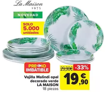 Oferta de La Maison - Vajilla Malindi Opal  Decorado Verde   por 19,9€ en Carrefour