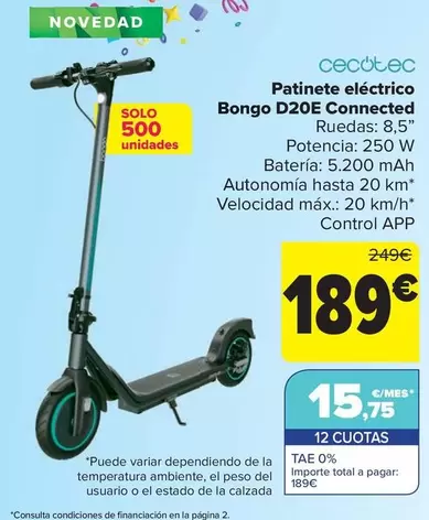 Oferta de Cecotec - Patinete Eléctrico  Bongo D20e Connected por 189€ en Carrefour