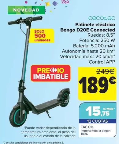 Oferta de Cecotec - Patinete Eléctrico  Bongo D20e Connected por 189€ en Carrefour