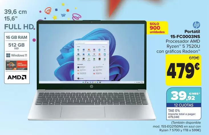 Oferta de HP - Portátil 15-fc0003ns por 479€ en Carrefour