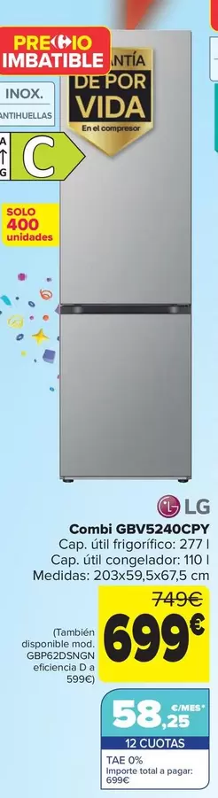 Oferta de LG - Combi GBV5240CPY por 699€ en Carrefour