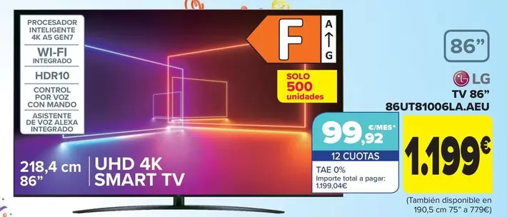 Oferta de Lg - Tv 86" 86ut81006laaeu" por 1199€ en Carrefour