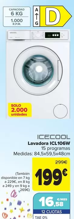 Oferta de Icecool - Lavadora Icl106w por 199€ en Carrefour