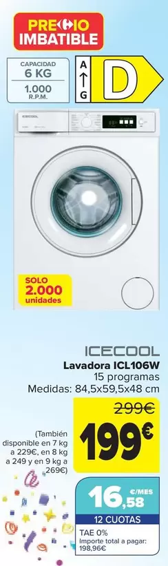 Oferta de Icecool - Lavadora Icl106w por 199€ en Carrefour