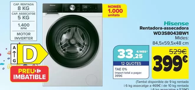 Oferta de Hisense - Lavadora Secadora Wd3s8043bw1 por 399€ en Carrefour