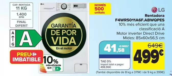 Oferta de LG - Lavadora  F4WR5011A6F.ABWQPES por 499€ en Carrefour