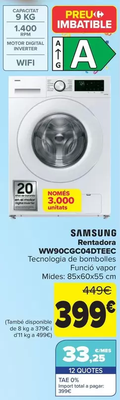 Oferta de Samsung - Lavadora  WW90CGC04DTEEC por 399€ en Carrefour