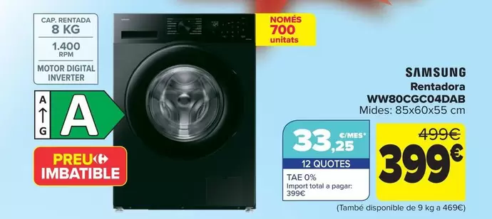 Oferta de Samsung - Lavadora WW80CGC04DAB por 399€ en Carrefour