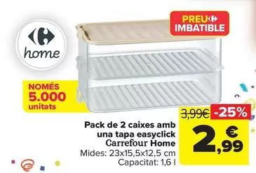 Oferta de Carrefour Home - Pack De 2 Cajas Con Una Tapa Easyclick  por 2,99€ en Carrefour